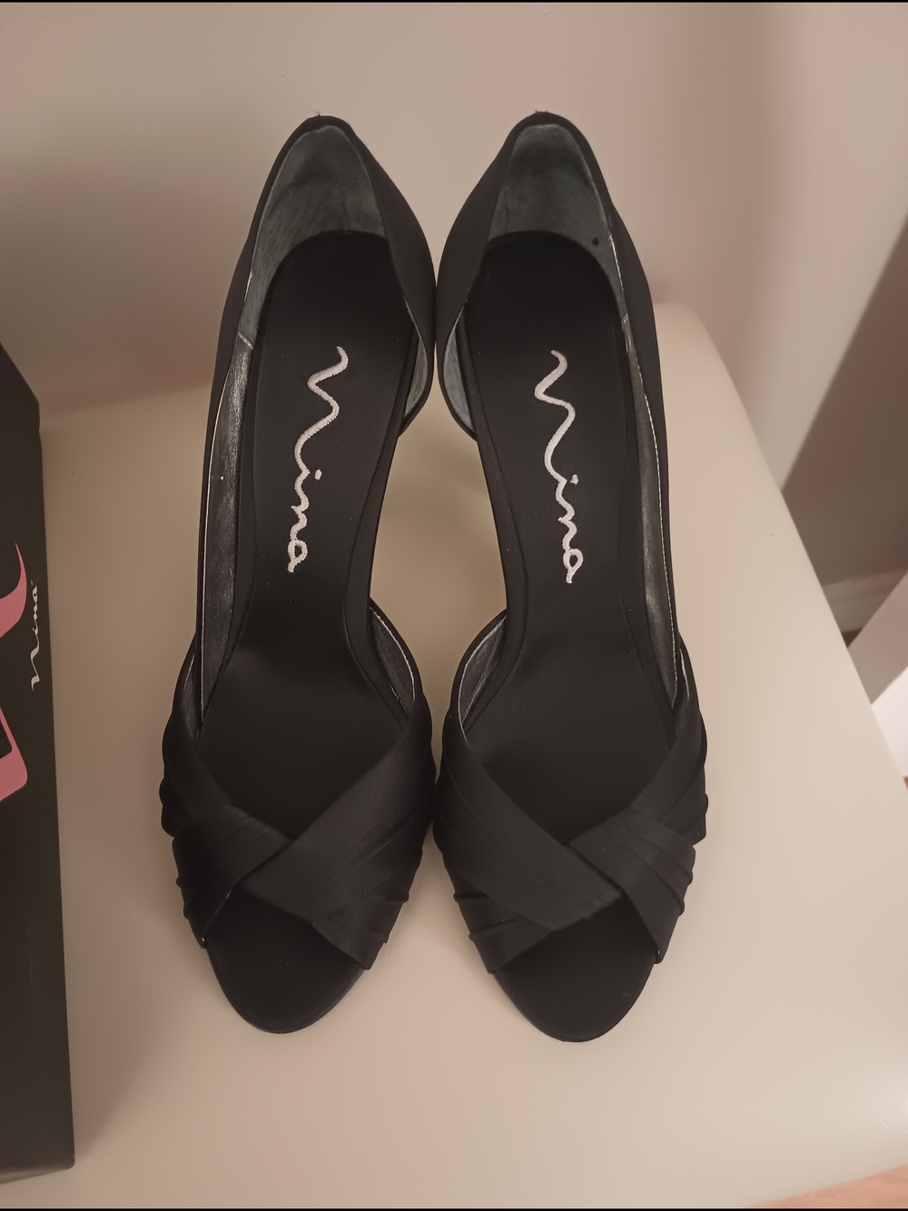 Nina Black Peep-Toe Satin Heels - Nina
